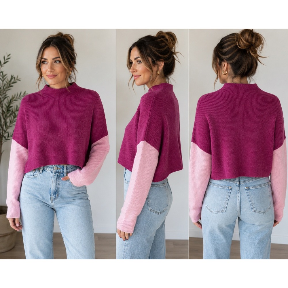 Le Lis Collection Womens Small Pink Magenta Colorblock Cropped Mock Neck Sweater
